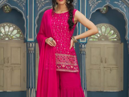 Juniper Fuchsia Georgette Festive Embroidered Straight Kurta Sharara Dupatta Set For Women Supply