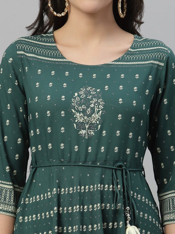 Juniper Green Rayon Festive Printed Flared Dress For Women Sale