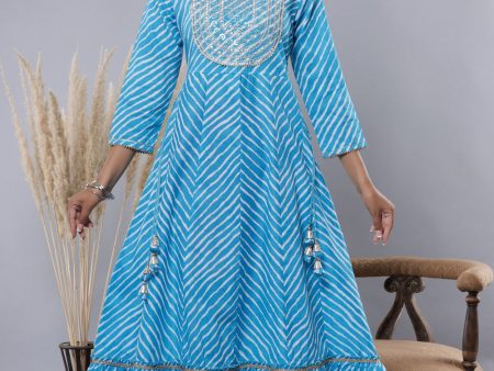 Juniper Women s Skyblue Printed Embroidered Mirror Work Sequin Cotton Flared Dress Online