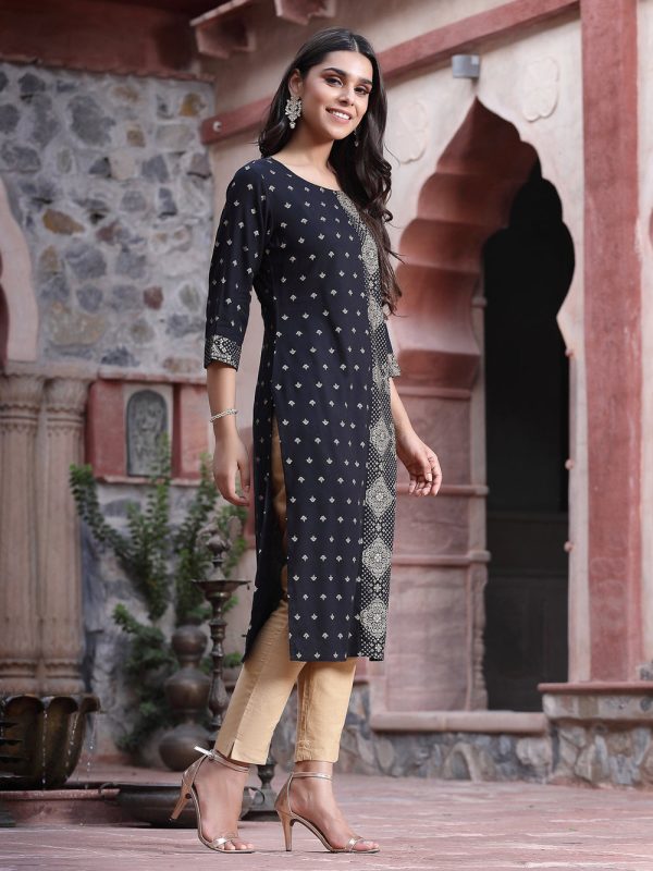 Juniper Women s Black Rayon Printed Straight Kurta Online