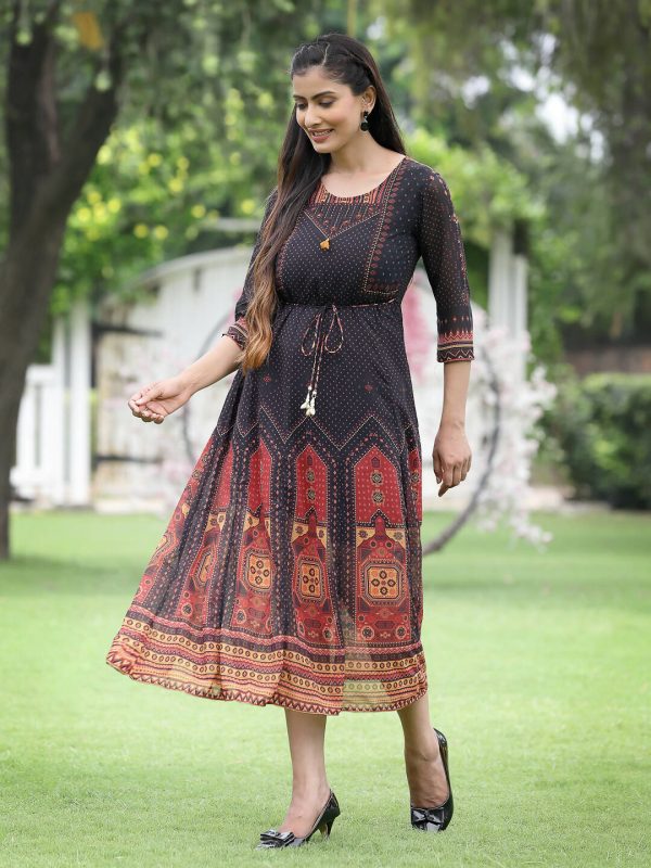 Juniper Black Georgette Festive Printed A-Line Dress For Women Sale