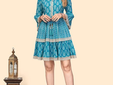 NOZ2TOZ Women s Printed & Lace Border A-Line Cotton Sky Blue Stitched Dress Cheap