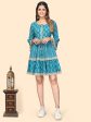 NOZ2TOZ Women s Printed & Lace Border A-Line Cotton Sky Blue Stitched Dress Cheap