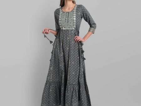 Juniper Grey Rayon Festive Wear Embroidered Tiered Long Dress Online Hot Sale