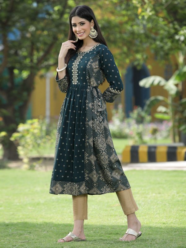 Juniper Green Rayon Festive Wear Printed Flared Kurta Sale