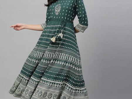 Juniper Green Rayon Festive Printed Flared Dress For Women Sale