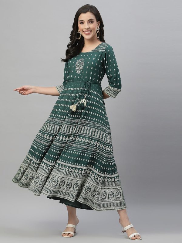 Juniper Green Rayon Festive Printed Flared Dress For Women Sale