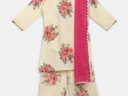 Ahalyaa Beige Crepe Floral Printed Kids Kurta Palazzo Set With Dupatta For Girls Sale