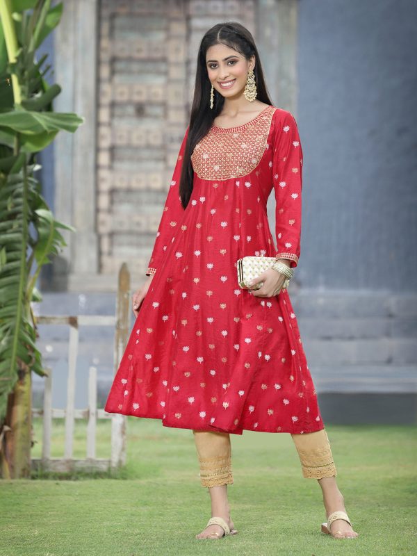 Juniper Women Red Rayon Festive Foil Printed Anarkali Flared Anarkali Kurta on Sale