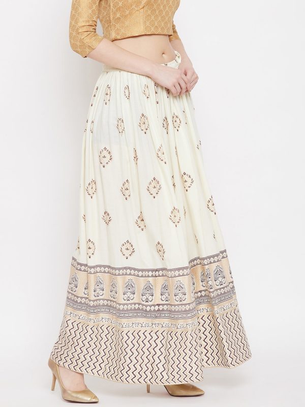 Wahe-NOOR Women s Cream Flared Printed Maxi Skirt on Sale