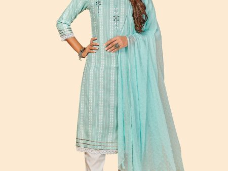 NOZ2TOZ Women s Printed & Hand Work Straight Yarn Dyed Sky Blue Stitched Kurta Pant With Dupatta Online Hot Sale