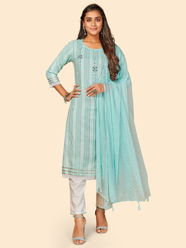 NOZ2TOZ Women s Printed & Hand Work Straight Yarn Dyed Sky Blue Stitched Kurta Pant With Dupatta Online Hot Sale