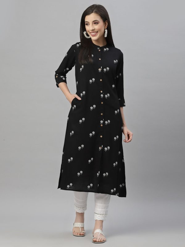 Juniper Black Rayon Festive Printed A-Line Kurta For Women Online Hot Sale