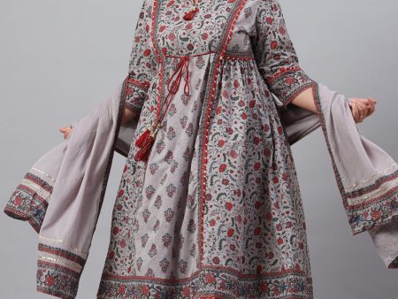 Juniper Women`s Grey Cambric Fusion Wear Printed A-Line Kurta Sets Online