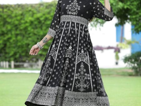 Juniper Womens Black Georgette Foil Printed Circular Kurta Dress With Solid Palazzo Set Online now