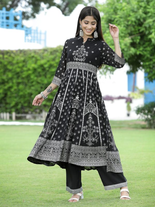 Juniper Womens Black Georgette Foil Printed Circular Kurta Dress With Solid Palazzo Set Online now