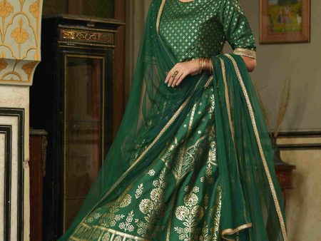 Juniper Green Santoon Slub Festive Foil Printed Straight Lehnga Choli Set For Women Supply