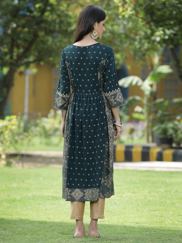 Juniper Green Rayon Festive Wear Printed Flared Kurta Sale