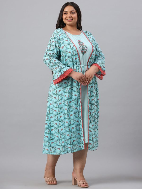 Juniper Women`s Sky Blue Rayon Festive Wear Embroidered & Printed Flared Dress Fashion