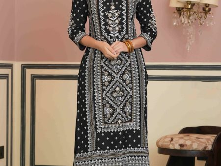 Juniper Women s Black Rayon Staple Straight Placement Print Kurta on Sale