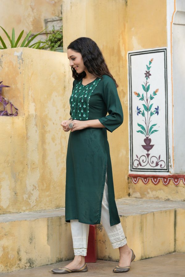 Juniper Green Rayon Festive Wear Embroidered Straight Kurta Online now