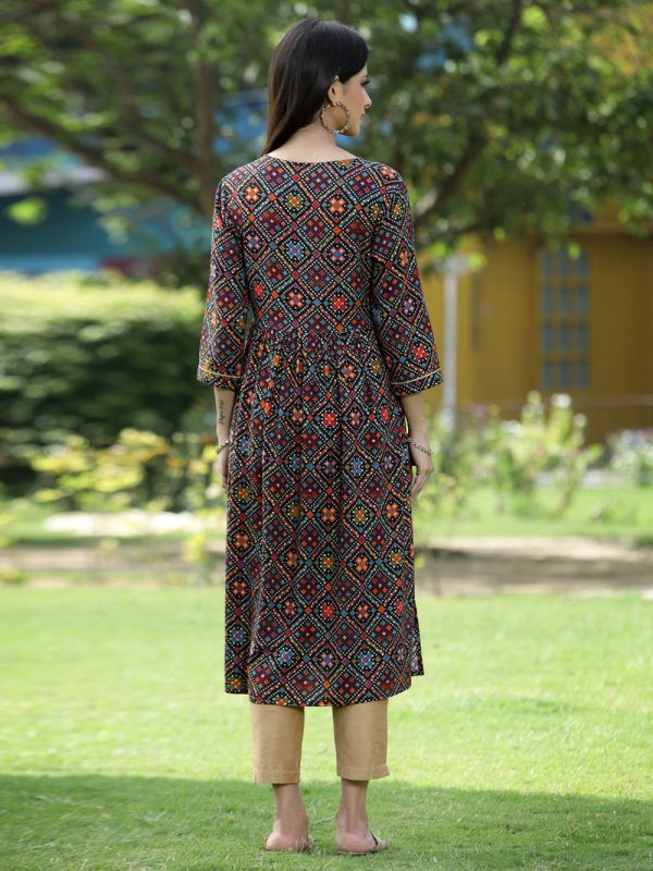 Juniper Black Rayon Festive Printed Flared Kurta For Women Online Hot Sale