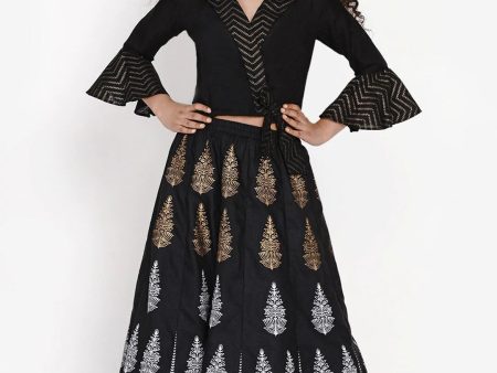 NOZ2TOZ Black & Gold-Toned Block Printed Ready to Wear Lehenga & Choli Set For Girls Fashion