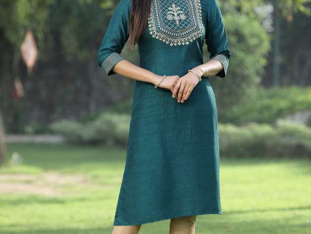 Juniper Green Silk Festive Embroidered Straight Kurta For Women For Sale