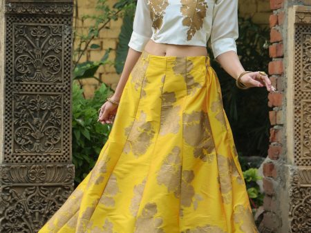 Juniper Women`s Mustard Dupion Printed Flared Lehenga Choli Sets Online now