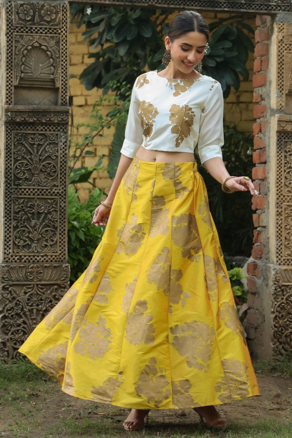 Juniper Women`s Mustard Dupion Printed Flared Lehenga Choli Sets Online now