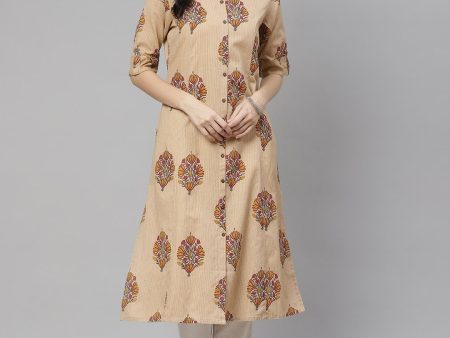 Wahe-NOOR Women s Beige Color Cotton Printed A-Line Kurta For Discount