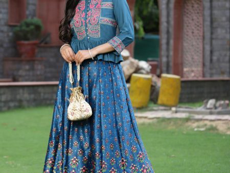 Juniper Women`s Teal Satin Embroidered Flared Lehenga Choli Sets Supply