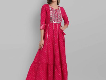 Juniper Fuchsia Rayon Festive Wear Embroidered Tiered Long Dress Cheap