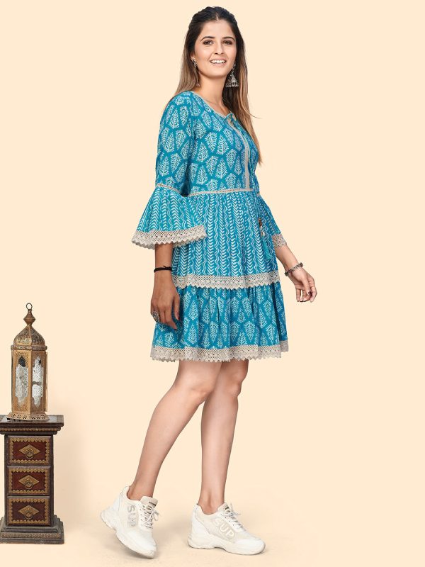 NOZ2TOZ Women s Printed & Lace Border A-Line Cotton Sky Blue Stitched Dress Cheap