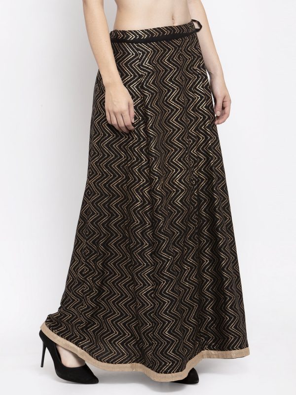 Wahe-NOOR Women s Black Zigzag Printed Flared Maxi Skirt Online now