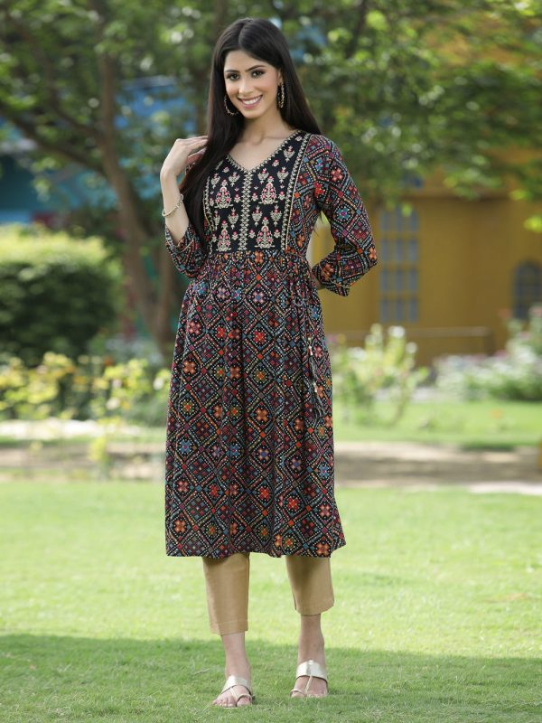 Juniper Black Rayon Festive Printed Flared Kurta For Women Online Hot Sale