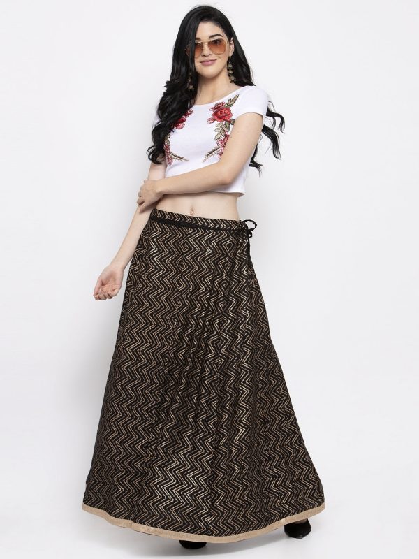 Wahe-NOOR Women s Black Zigzag Printed Flared Maxi Skirt Online now