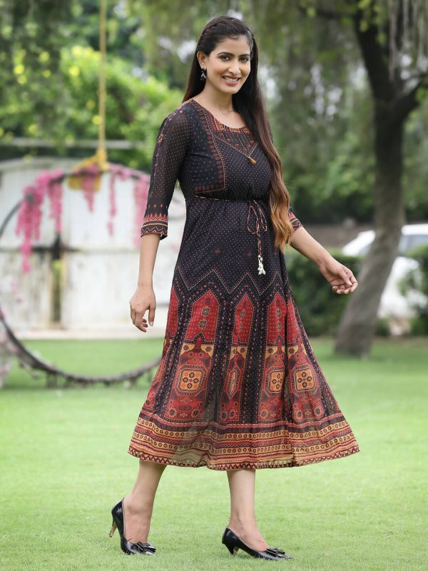 Juniper Black Georgette Festive Printed A-Line Dress For Women Sale