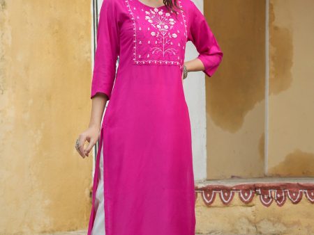 Juniper Fuchsia Rayon Festive Wear Embroidered Straight Kurta For Sale