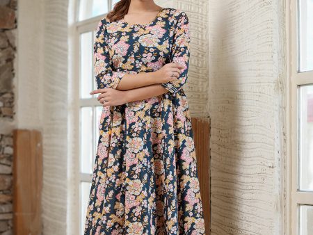 Kaajh Women s Navy Blue Floral Printed Cotton Ethnic Dress Online now