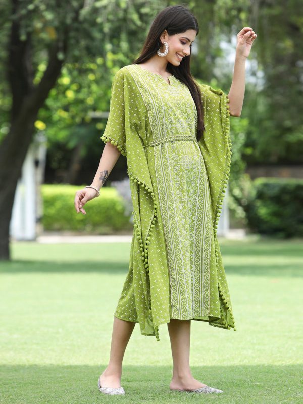 Indian Clothing Juniper Green Georgette Festive Bandhej Printed Straight Kaftan For Women Discount