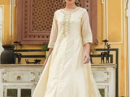 Juniper Beige Chanderi Festive Embroidered Polka Dot Printed Flared Kurta For Women Online