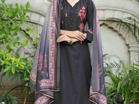 Juniper Black Mono Viscose Festive Wear Embroidered Straight Kurta Pant Dupatta Set Hot on Sale