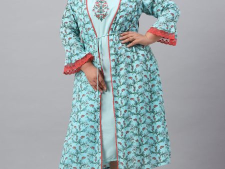 Juniper Women`s Sky Blue Rayon Festive Wear Embroidered & Printed Flared Dress Fashion