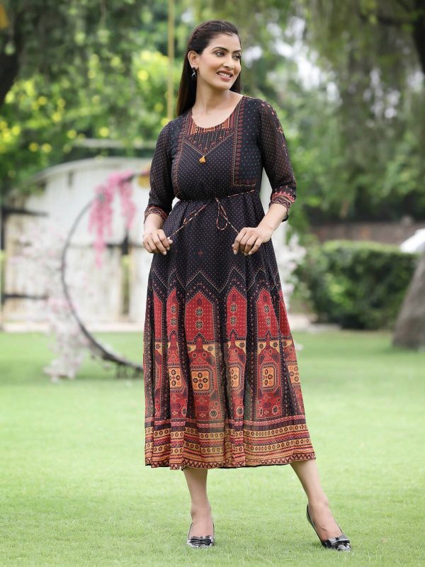 Juniper Black Georgette Festive Printed A-Line Dress For Women Sale