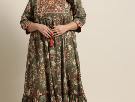 Juniper Women`s Mehendi Green Rayon Festive Wear Embroidered & Printed Tiered Dress Sale