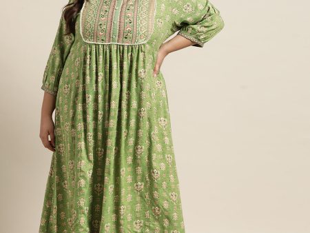 Juniper Women`s Pista Green Rayon Fusion Wear Printed A-line Dress Online now