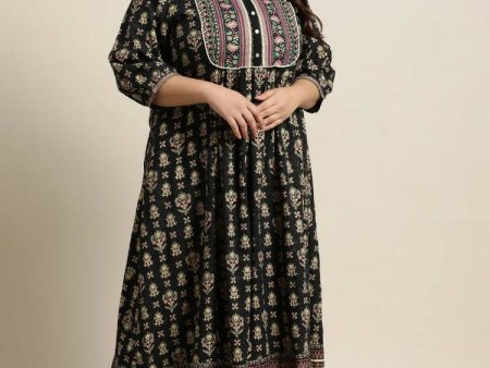 Juniper Women`s Dark Blue Rayon Fusion Wear Printed A-line Dress Online Sale