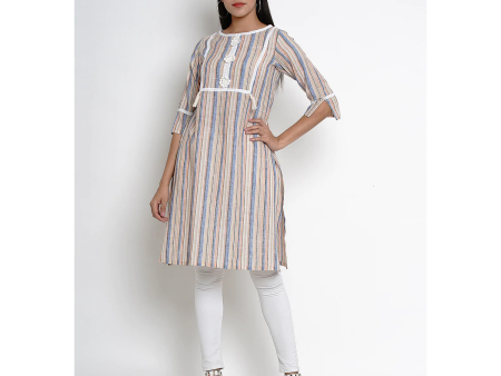 Wahe-NOOR Women s Beige & Blue Striped Straight Kurta Hot on Sale