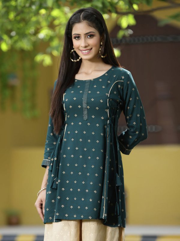 Juniper Green Rayon Festive Printed A-Line Tunic For Women Sale